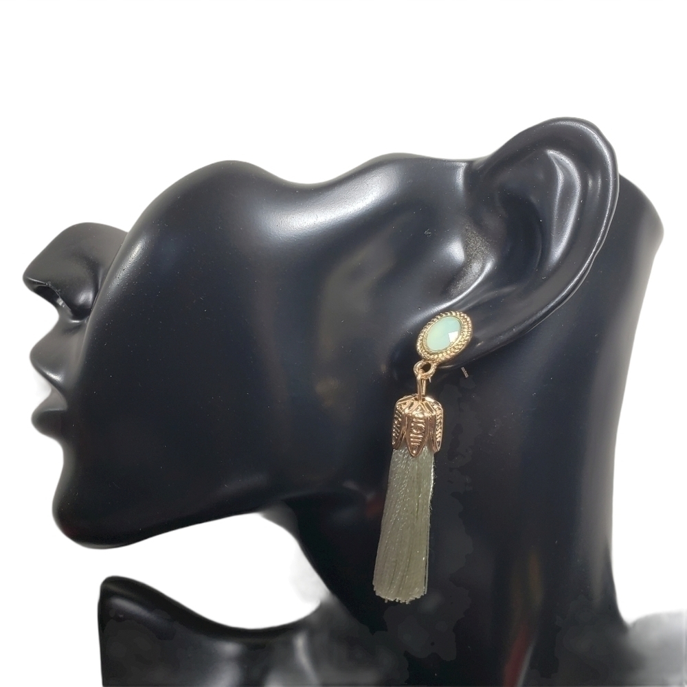 Green Opaque Dangle Tassel Bohemian Post Earrings